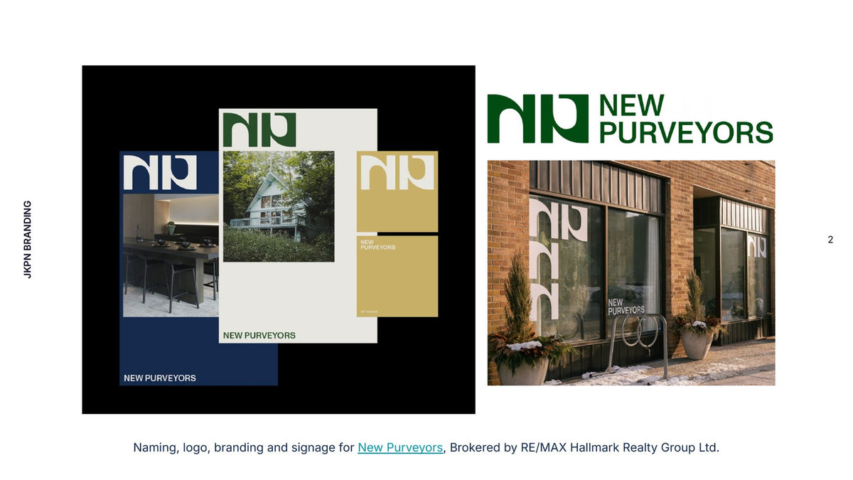 New Purveyors naming and branding by Jackpine, with storefront signage and identity applications.