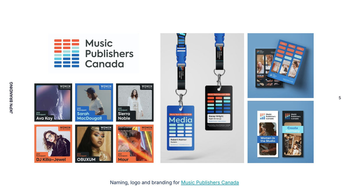 Music Publishers Canada visual identity by Jackpine, shown on stationery and event materials.