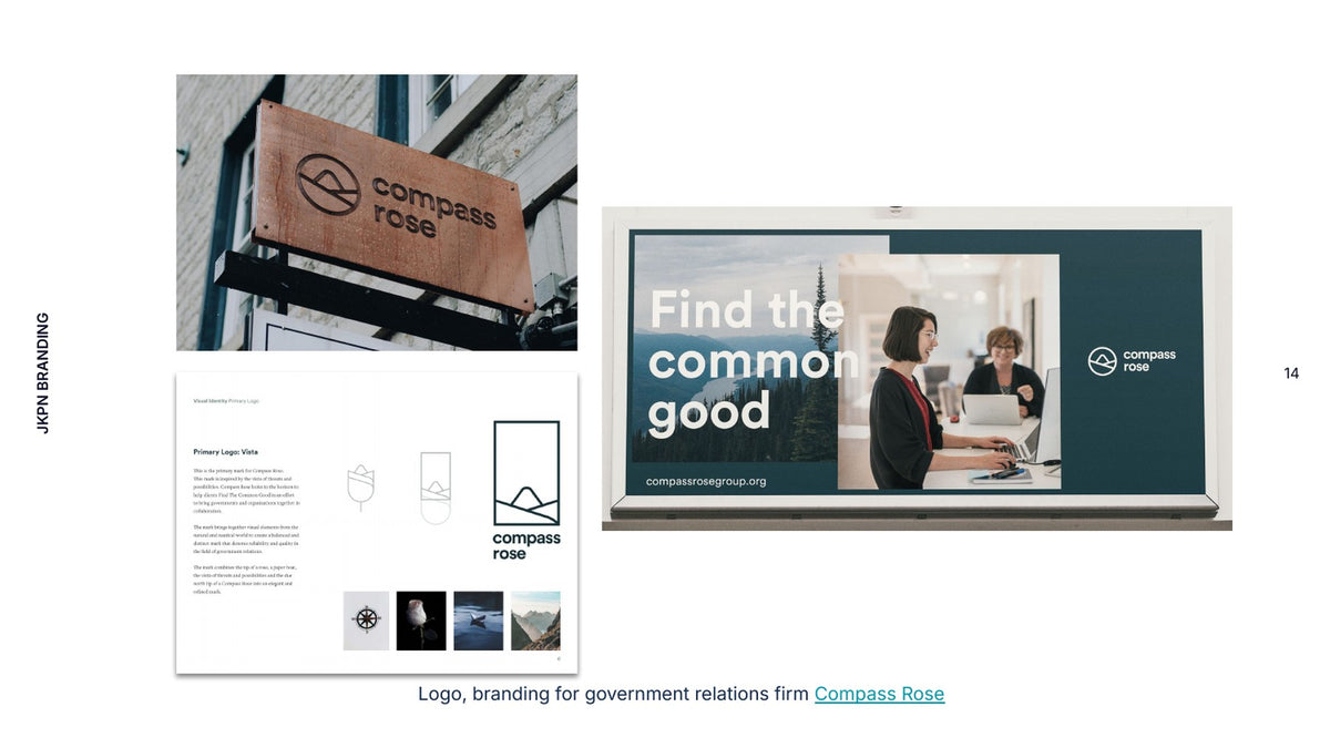 Compass Rose branding by Jackpine, including signage and the message Find the common good.