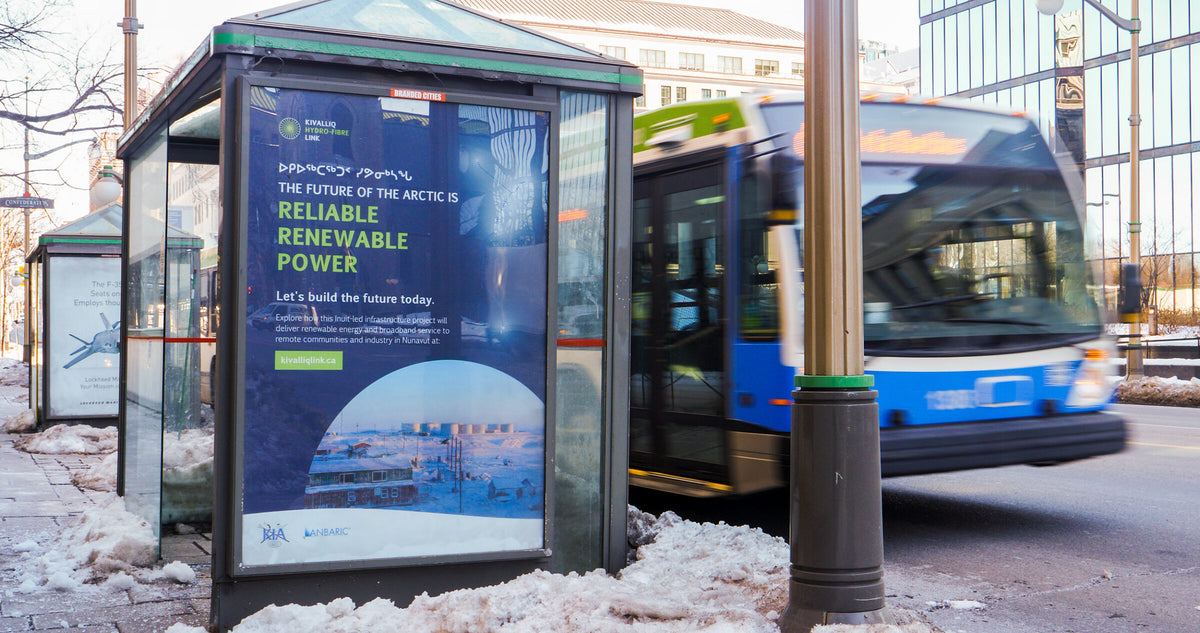 Kivalliq Hydro-Fibre Link campaign by Jackpine displayed on an Ottawa bus shelter.